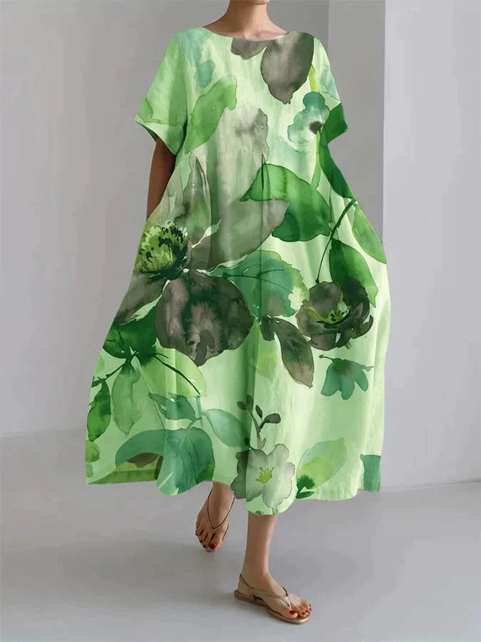 Locker geschnittenes Leinenkleid mit floralem Aquarell-Print