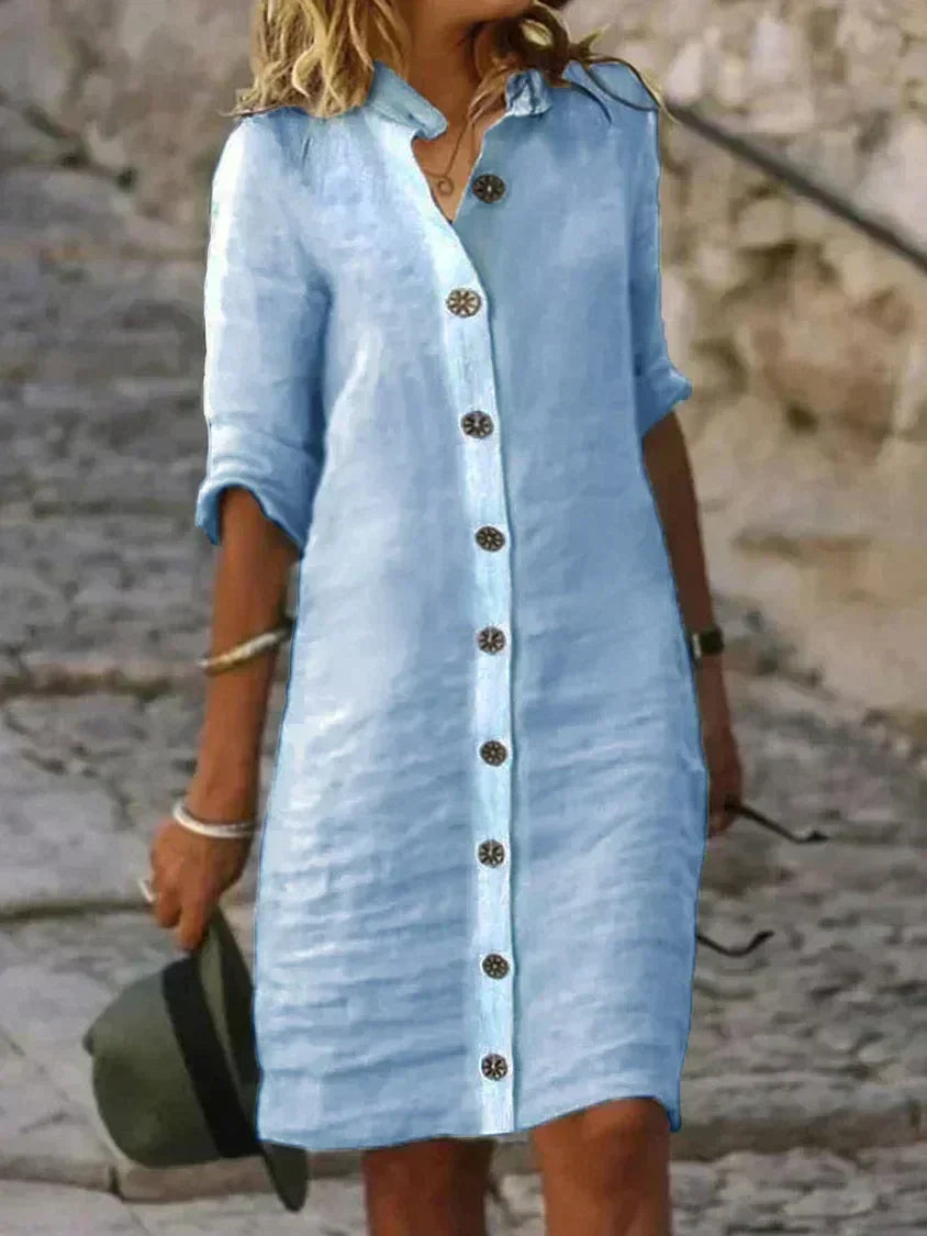 Leichtes Hemdblusenkleid mit Knopfleiste & Kragen – Sommerkleid im Leinen-Look für Urlaub & Alltag