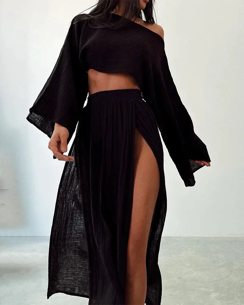 Zweiteiliges Damen Sommer-Set – Crop Top mit Fledermausärmeln & Maxirock mit Schlitz im Boho-Stil