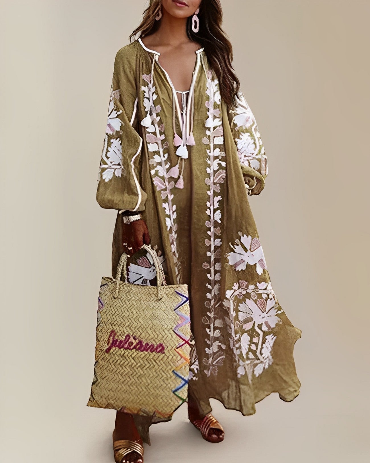 Maxikleid in Königsblau mit Stickerei – Boho Sommerkleid mit weitem Schnitt