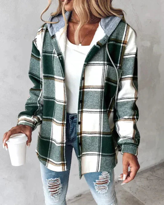 Kariertes Damen Flanellhemd mit Kapuze – Casual Oversized Shirtjacke für Herbst & Winter