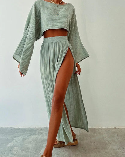 Zweiteiliges Damen Sommer-Set – Crop Top mit Fledermausärmeln & Maxirock mit Schlitz im Boho-Stil