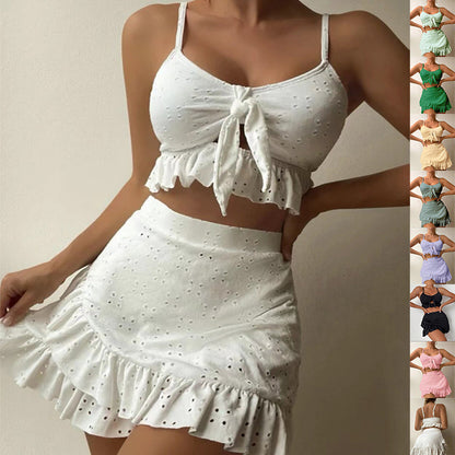2-teiliges Boho Set mit Lochstickerei – Rüschen Crop Top & Minirock für Damen