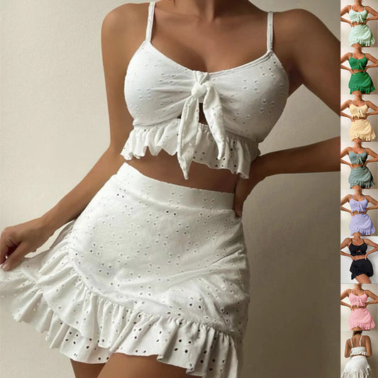 2-teiliges Boho Set mit Lochstickerei – Rüschen Crop Top & Minirock für Damen