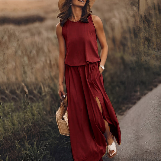Ärmelloses Maxikleid mit Schlitz & Taillenstretch – Sommer Boho-Look