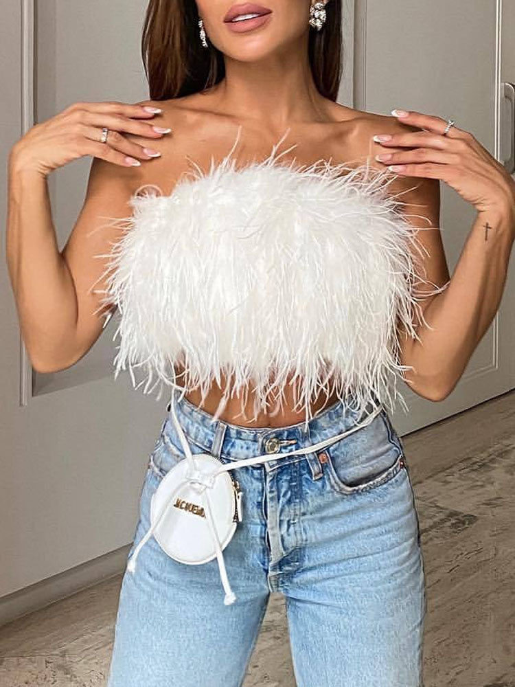 Luxuriöses Feder-Bustier Top – Trendiges Bandeau Crop Top für Party & Night Out Looks