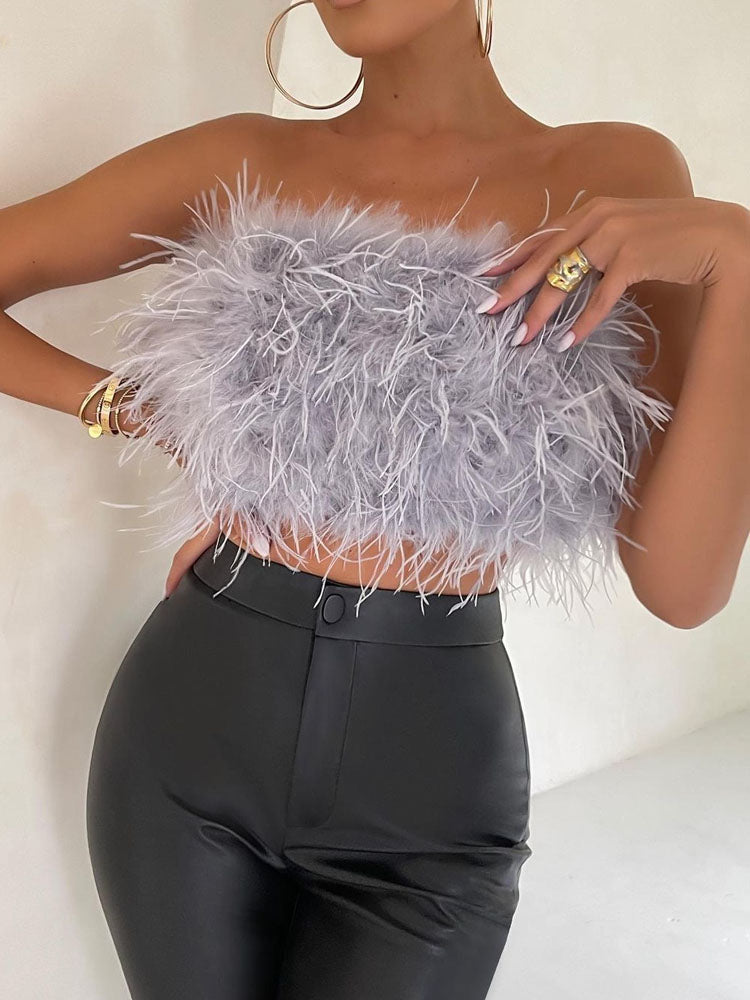Luxuriöses Feder-Bustier Top – Trendiges Bandeau Crop Top für Party & Night Out Looks