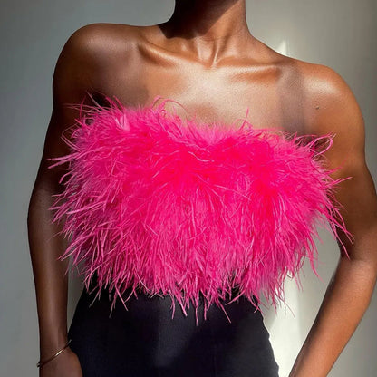 Luxuriöses Feder-Bustier Top – Trendiges Bandeau Crop Top für Party & Night Out Looks