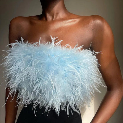 Luxuriöses Feder-Bustier Top – Trendiges Bandeau Crop Top für Party & Night Out Looks
