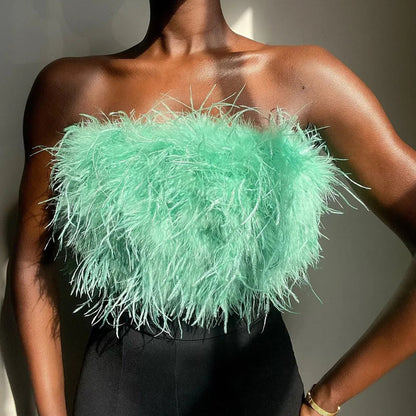 Luxuriöses Feder-Bustier Top – Trendiges Bandeau Crop Top für Party & Night Out Looks