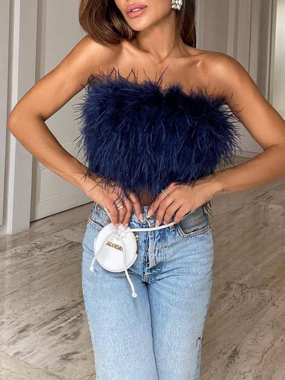 Luxuriöses Feder-Bustier Top – Trendiges Bandeau Crop Top für Party & Night Out Looks