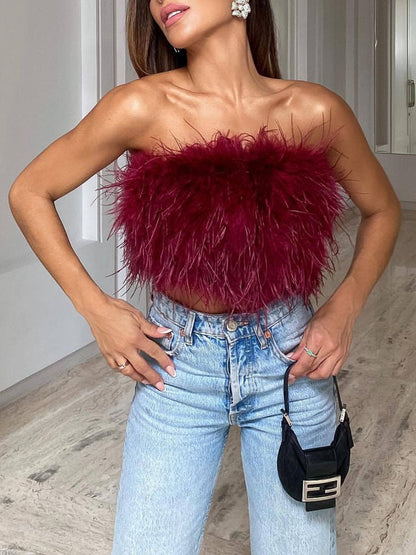 Luxuriöses Feder-Bustier Top – Trendiges Bandeau Crop Top für Party & Night Out Looks