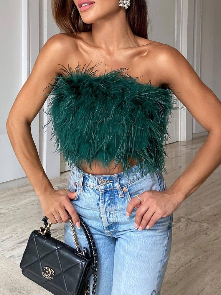 Luxuriöses Feder-Bustier Top – Trendiges Bandeau Crop Top für Party & Night Out Looks