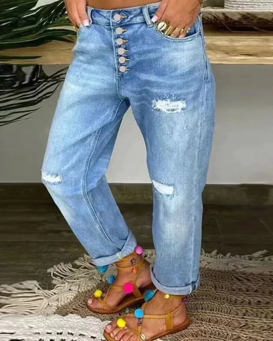 Boyfriend-Jeans mit Knopfleiste und Destroyed-Details – Locker geschnittene Damenjeans für Alltag, Streetstyle & Freizeit