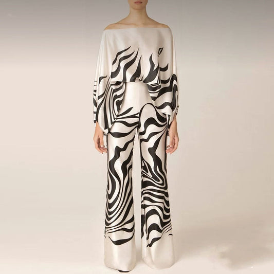 Off‑Shoulder‑Set mit Batwing‑Top & Palazzo‑Hose – Drapiertes Design & Statement‑Muster
