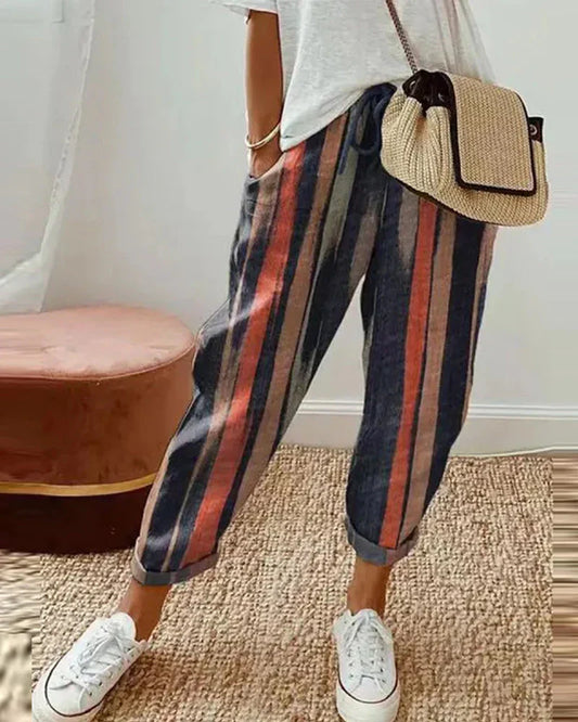 Damen Leinenhose mit Streifen – Luftige Freizeithose mit Kordelzug & Taschen für Sommer, Alltag & Boho Looks