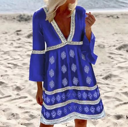 Boho Damen Strandkleid – Lockeres Tunika-Kleid mit Ethno-Muster und V-Ausschnitt