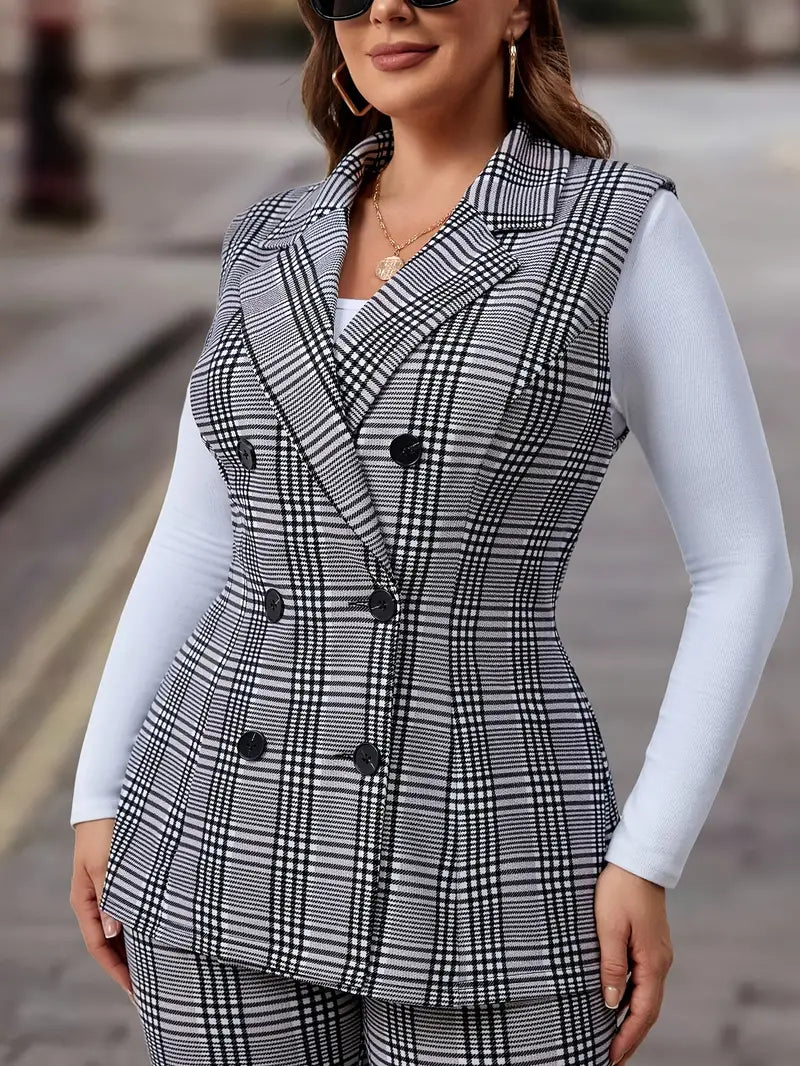 Plus Size Plaid Print Zweiteiliges Set, Elegantes Zweireiher