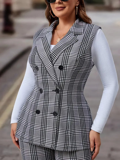Plus Size Plaid Print Zweiteiliges Set, Elegantes Zweireiher