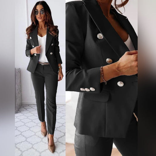 Zweiteiliges Damen Business Set – Eleganter Blazer & Stoffhose mit Knöpfen