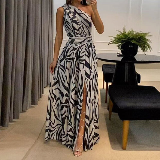 Elegantes One-Shoulder Maxikleid mit Zebra-Print & Beinschlitz – Für besondere Anlässe