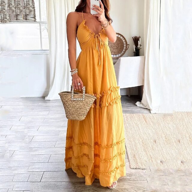 Luftiges Boho Maxikleid mit Spaghettiträgern und Volants – Sommerkleid für Urlaub, Strand & Alltag