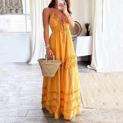 Luftiges Boho Maxikleid mit Spaghettiträgern und Volants – Sommerkleid für Urlaub, Strand & Alltag
