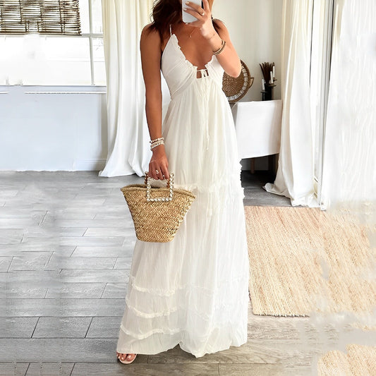 Luftiges Boho Maxikleid mit Spaghettiträgern und Volants – Sommerkleid für Urlaub, Strand & Alltag