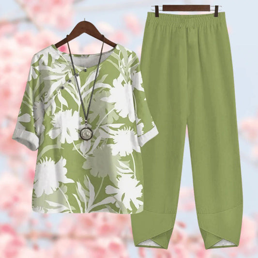 Zweiteiliges Damen Set mit Blumenshirt und lockerer Hose – Leichter Boho Freizeitlook für Frühling & Sommer