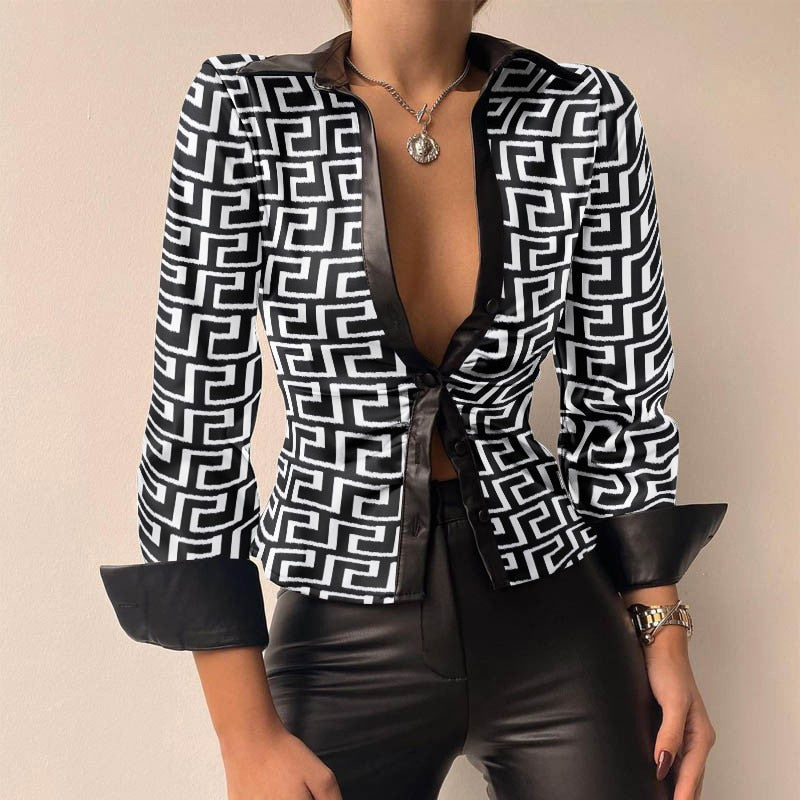 Aurélie - V-Ausschnitt PU-Leder bedruckt Langarm Patchwork-Bluse