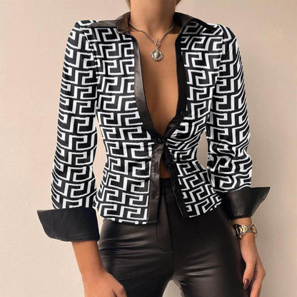 Aurélie - V-Ausschnitt PU-Leder bedruckt Langarm Patchwork-Bluse