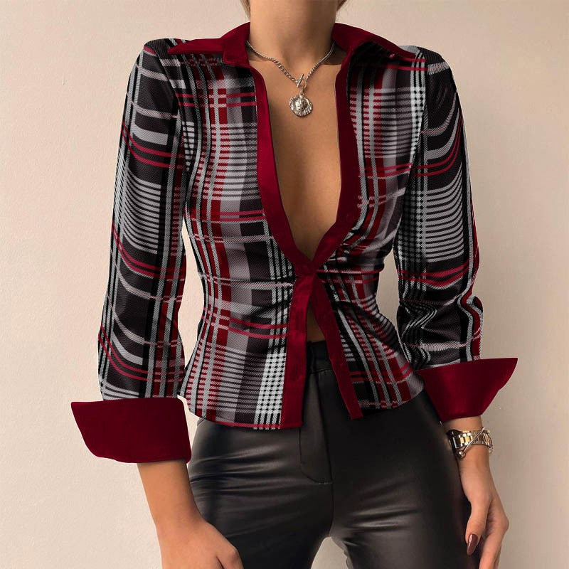 Aurélie - V-Ausschnitt PU-Leder bedruckt Langarm Patchwork-Bluse