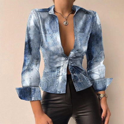 Aurélie - V-Ausschnitt PU-Leder bedruckt Langarm Patchwork-Bluse