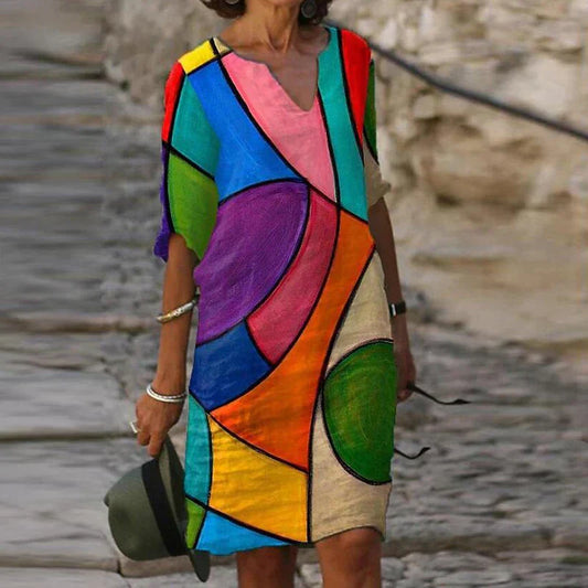 Lässiges Sommerkleid mit floraler Aquarell-Optik & V-Ausschnitt – Bequemes Freizeitkleid für Strand, Urlaub & Alltag