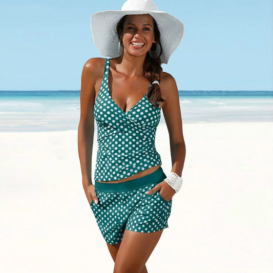 2-teiliges Damen Tankini Set mit Shorts – Retro Badeanzug mit Punkten & V-Ausschnitt für Strand & Schwimmen