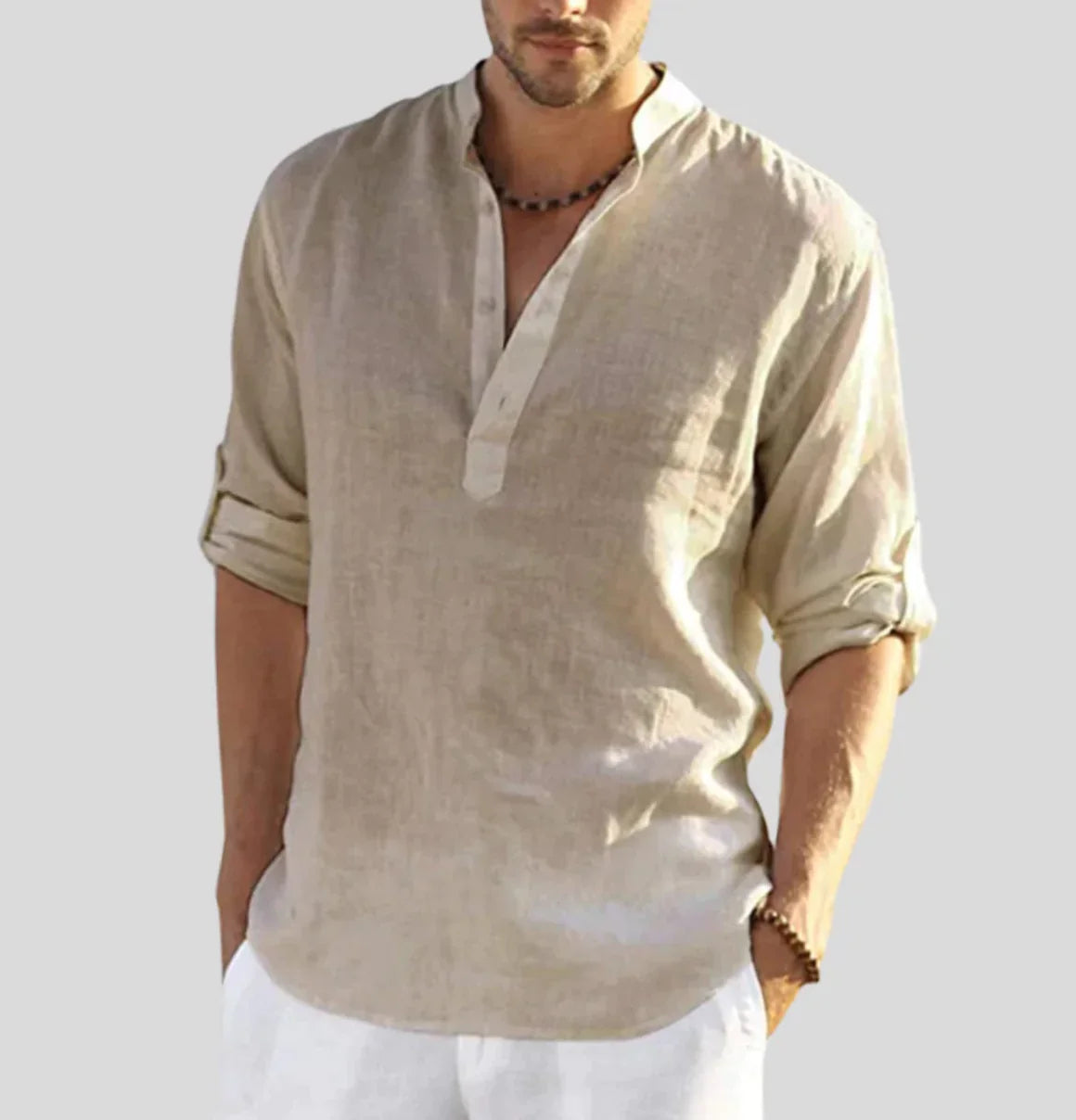 Luftiges Herren Leinenhemd mit Stehkragen – Sommer Longsleeve im Boho Look für Urlaub, Strand & Freizeit