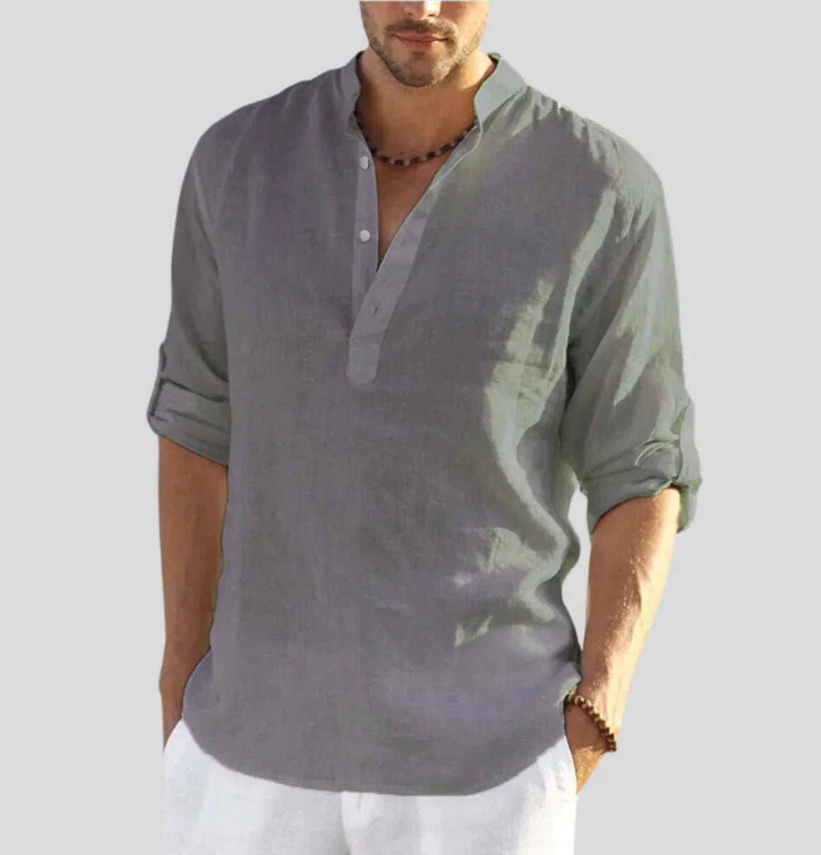Luftiges Herren Leinenhemd mit Stehkragen – Sommer Longsleeve im Boho Look für Urlaub, Strand & Freizeit