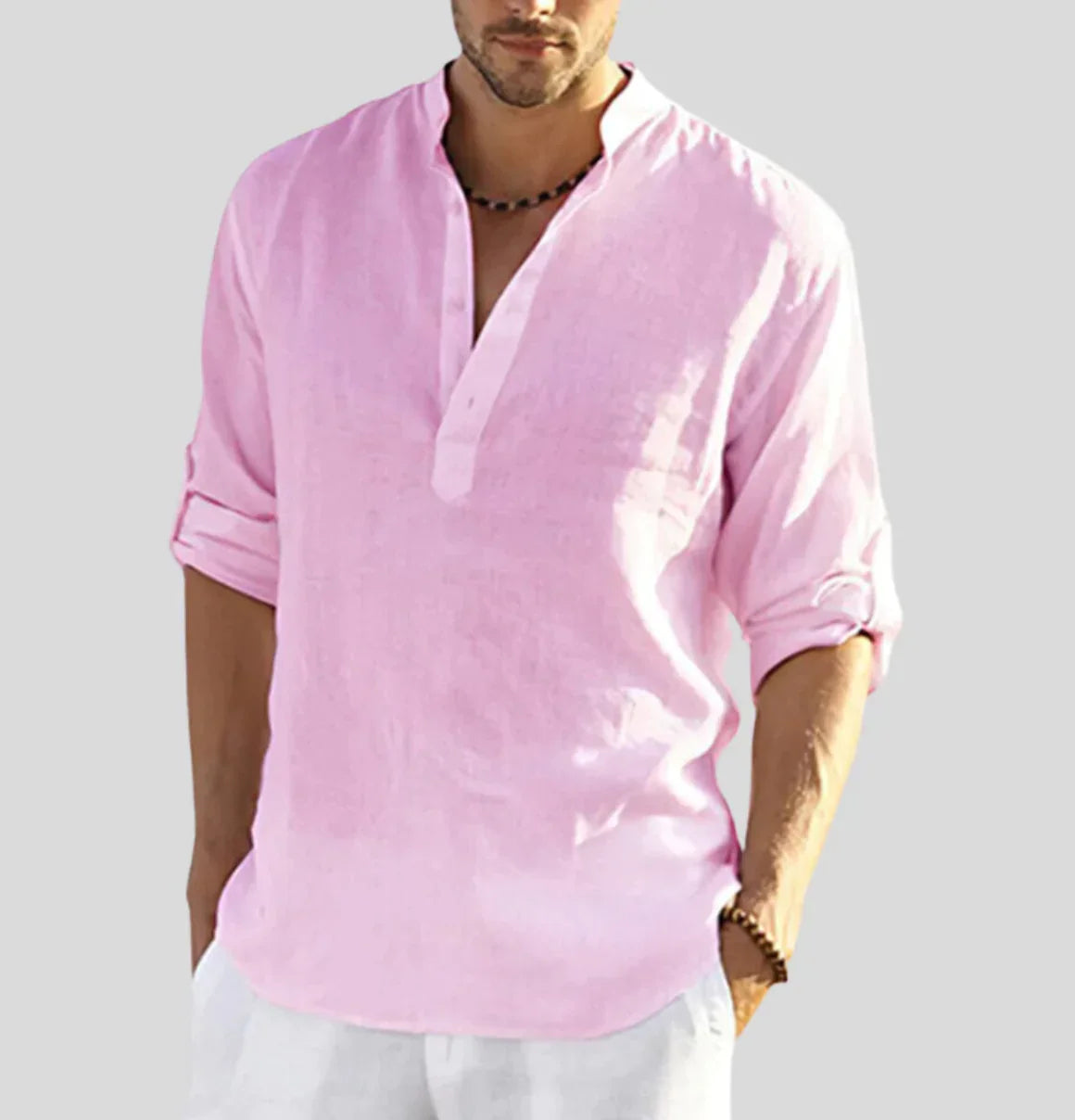 Luftiges Herren Leinenhemd mit Stehkragen – Sommer Longsleeve im Boho Look für Urlaub, Strand & Freizeit