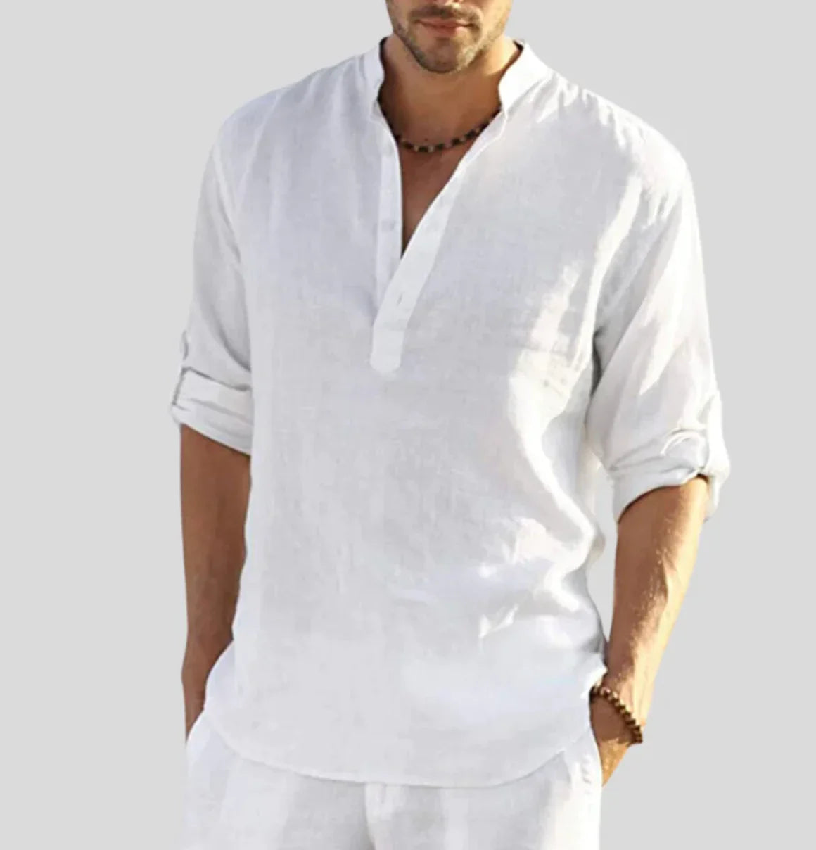 Luftiges Herren Leinenhemd mit Stehkragen – Sommer Longsleeve im Boho Look für Urlaub, Strand & Freizeit