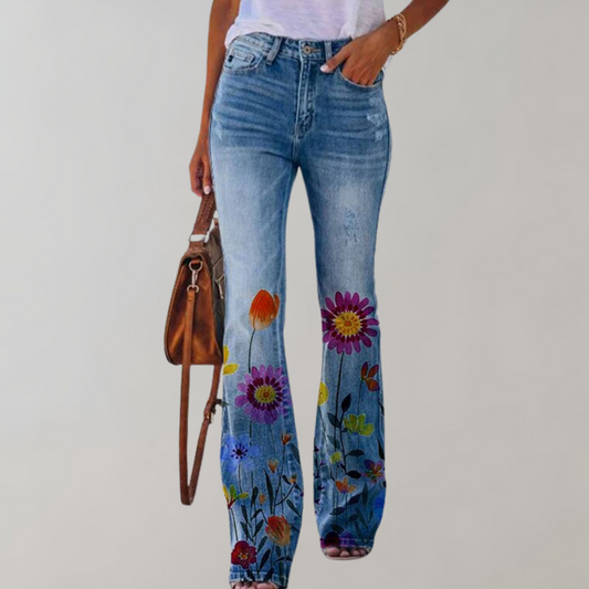 Flared Damen Jeans mit Blumenmuster – High Waist Schlaghose im Retro Boho Stil für Frühling & Sommer
