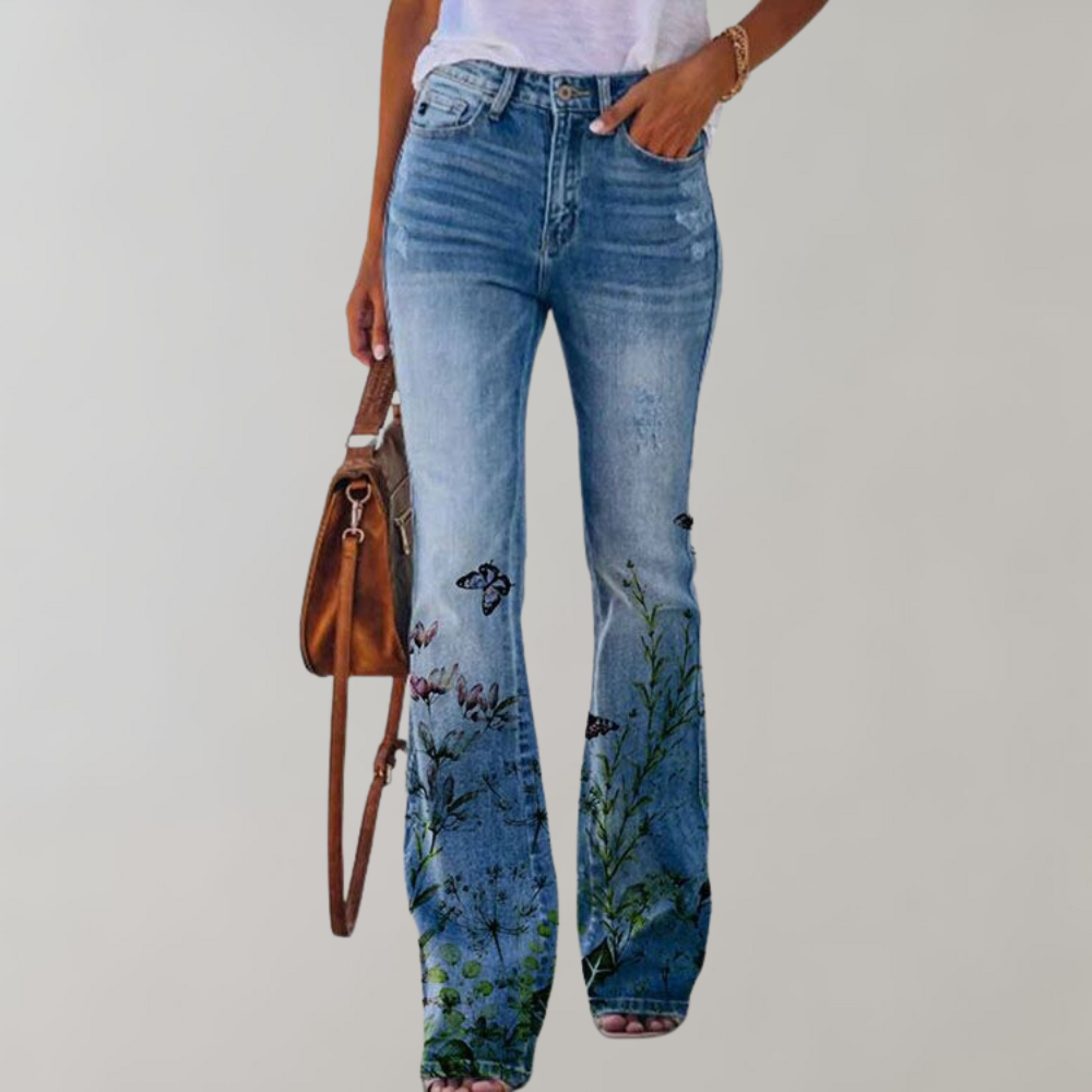 Flared Damen Jeans mit Blumenmuster – High Waist Schlaghose im Retro Boho Stil für Frühling & Sommer