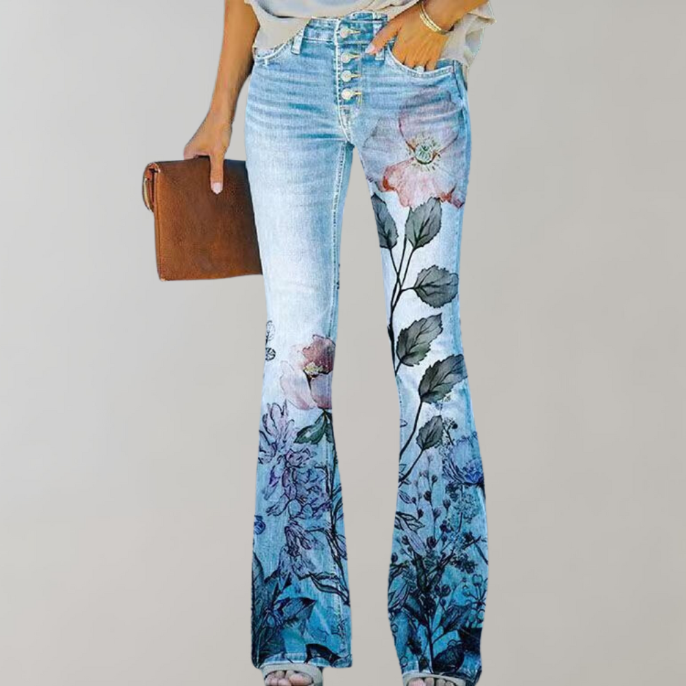 Flared Damen Jeans mit Blumenmuster – High Waist Schlaghose im Retro Boho Stil für Frühling & Sommer