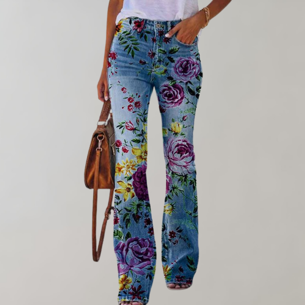 Flared Damen Jeans mit Blumenmuster – High Waist Schlaghose im Retro Boho Stil für Frühling & Sommer