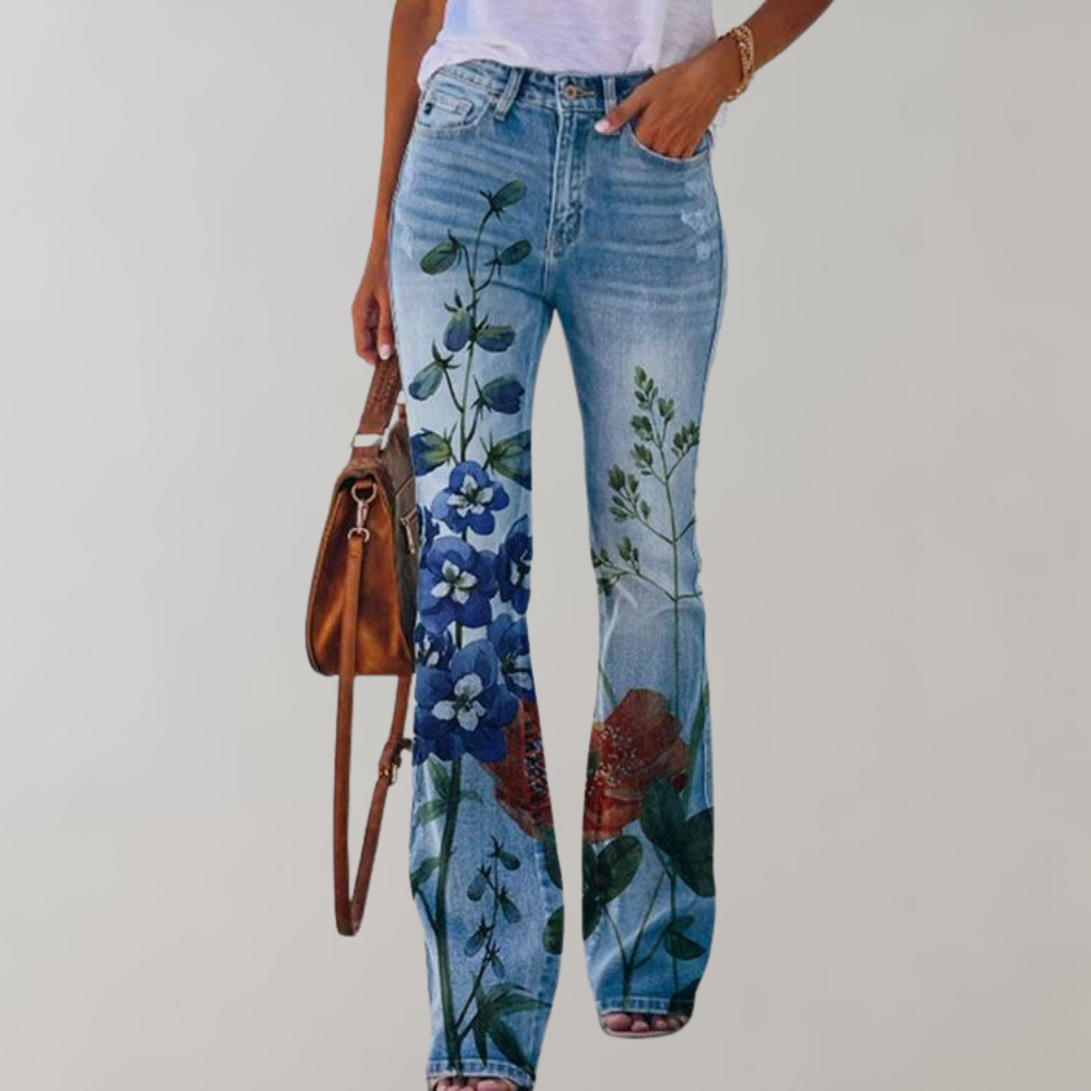 Flared Damen Jeans mit Blumenmuster – High Waist Schlaghose im Retro Boho Stil für Frühling & Sommer