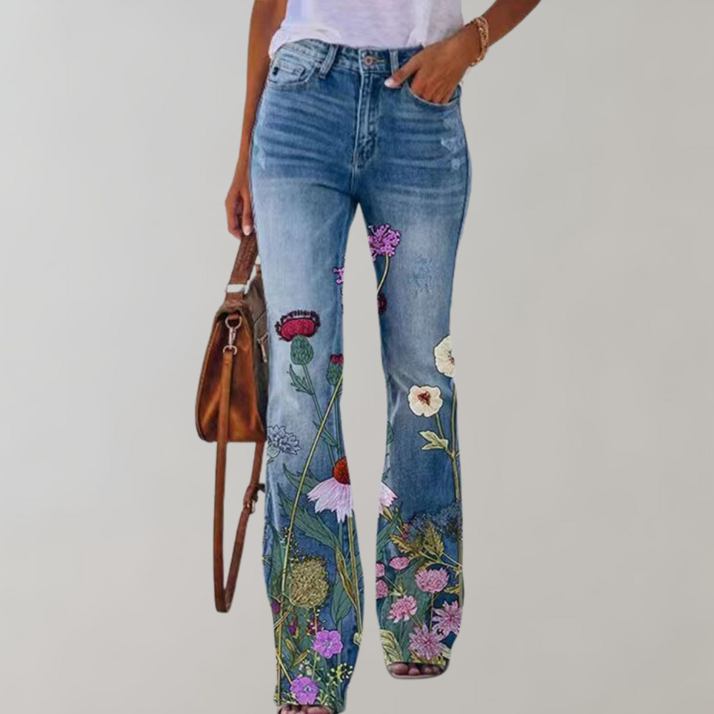 Flared Damen Jeans mit Blumenmuster – High Waist Schlaghose im Retro Boho Stil für Frühling & Sommer
