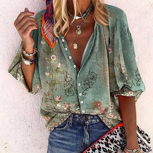 Vintage Boho Damenbluse mit floralem Print und Knopfleiste – Lockerer Oversize-Look für Alltag, Sommer & Urlaub