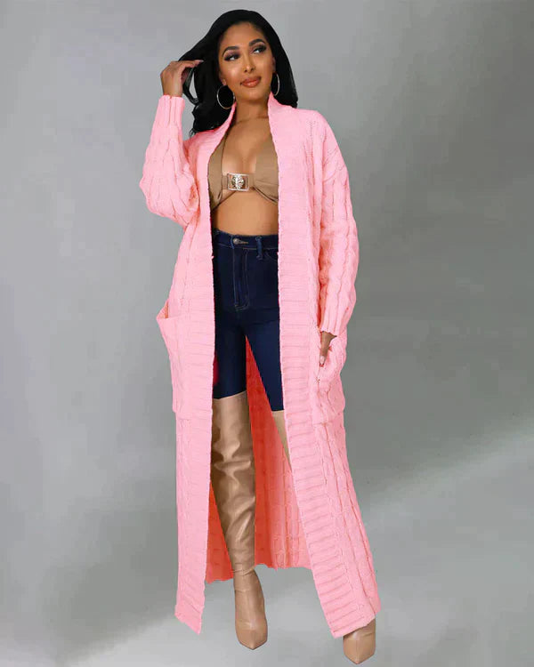 Langer Strick-Cardigan mit Zopfmuster & Taschen – Kuscheliger Oversize Mantel für Herbst, Winter & Freizeit