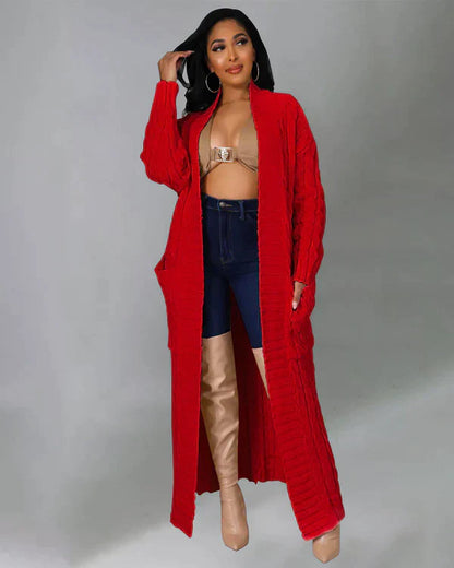 Langer Strick-Cardigan mit Zopfmuster & Taschen – Kuscheliger Oversize Mantel für Herbst, Winter & Freizeit