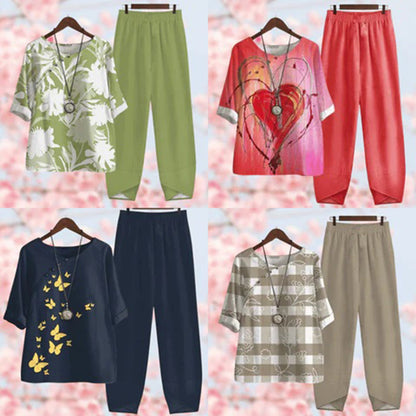 Zweiteiliges Damen Set mit Blumenshirt und lockerer Hose – Leichter Boho Freizeitlook für Frühling & Sommer