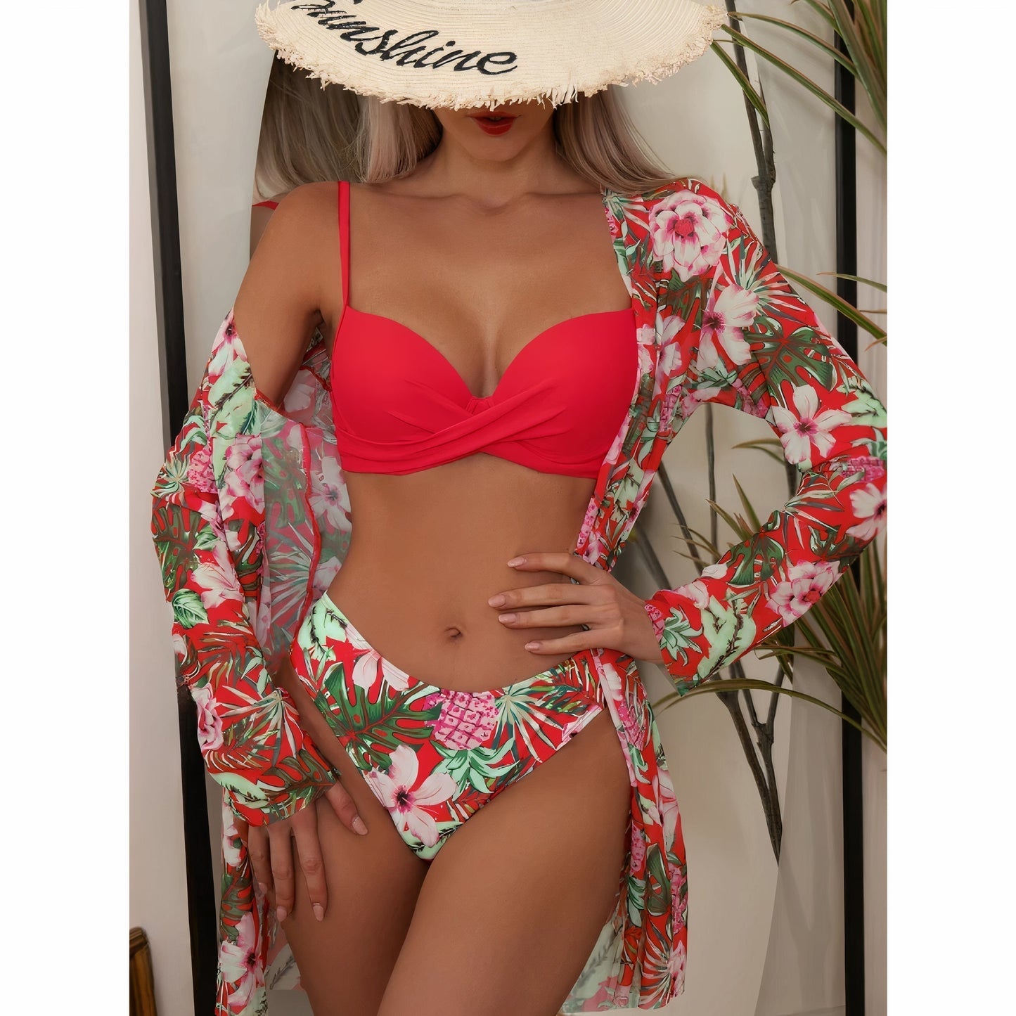 3-teiliges Damen Bikini-Set mit Tropenmuster – Inklusive Cardigan, Bikini Top & Hose für Sommer & Strand